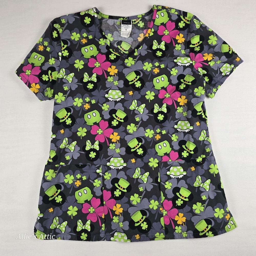 Disney Mickey Minnie Mouse Medical Scrub Top V-Neck St. Patricks Womens Medium